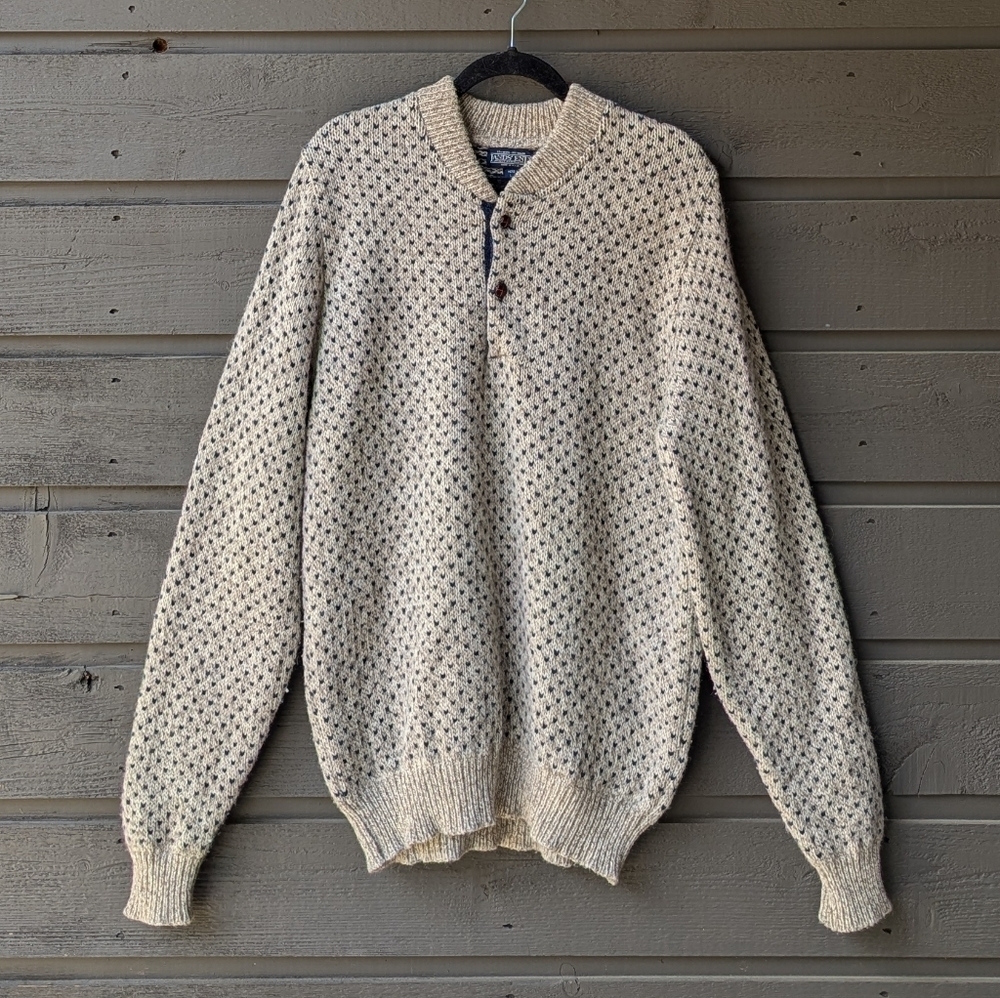 VTG 80s Lands' End Henley Wool Sweater Size Large Oatmeal Beige Navy Blue